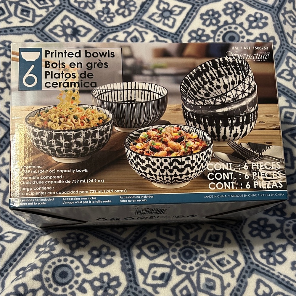 Signature Home Printed Black & White Ceramic Bowls - 6 Piece Set